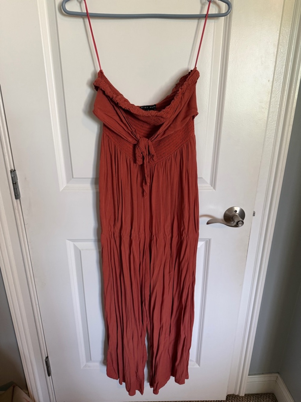 Smocked Rust-Red Spaghetti-Strap Jumpsuit